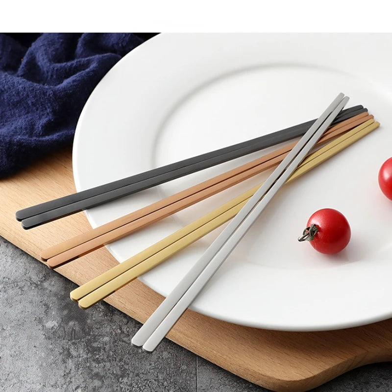 1 pair Korean Stainless Steel Solid Flat Chopsticks Titanium Gold Japanese Sushi Chop Sticks Kitchen Dinnerware Tools