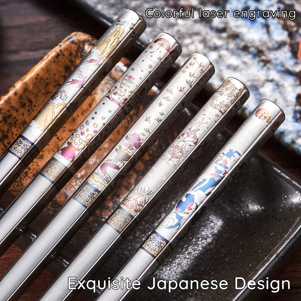 2 Pairs Reusable Premium 304 Stainless Steel Chopsticks, Japanese Elegant Lucky Titanium Plated Laser Engraved Metal Chop stick