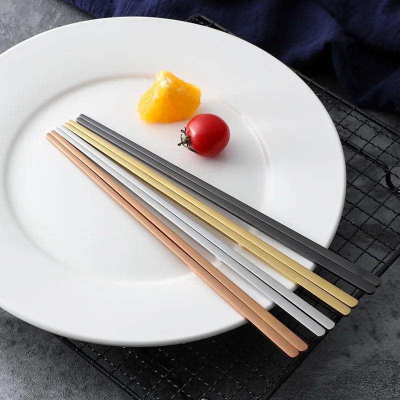 1 pair Korean Stainless Steel Solid Flat Chopsticks Titanium Gold Japanese Sushi Chop Sticks Kitchen Dinnerware Tools