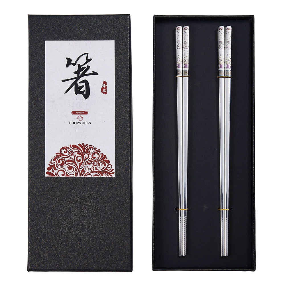 2 Pairs Reusable Premium 304 Stainless Steel Chopsticks, Japanese Elegant Lucky Titanium Plated Laser Engraved Metal Chop stick