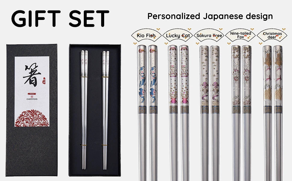 2 Pairs Reusable Premium 304 Stainless Steel Chopsticks, Japanese Elegant Lucky Titanium Plated Laser Engraved Metal Chop stick