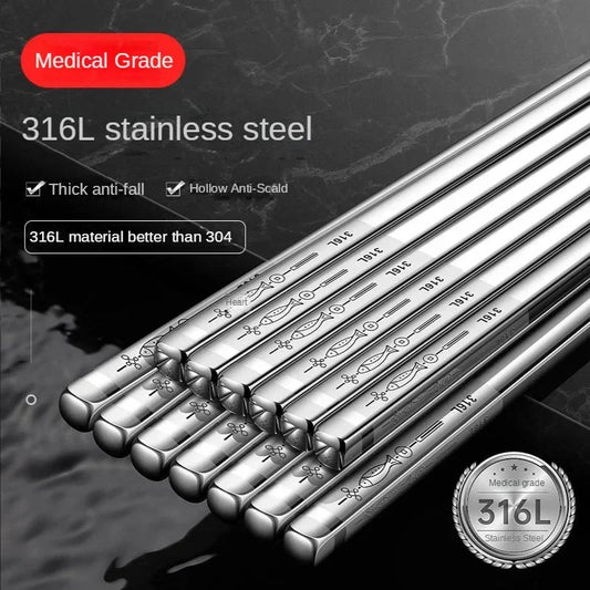 Korean Chopsticks 316L Stainless Steel Non-Slip Sushi Metal Laser Engraving Chop Sticks Tableware