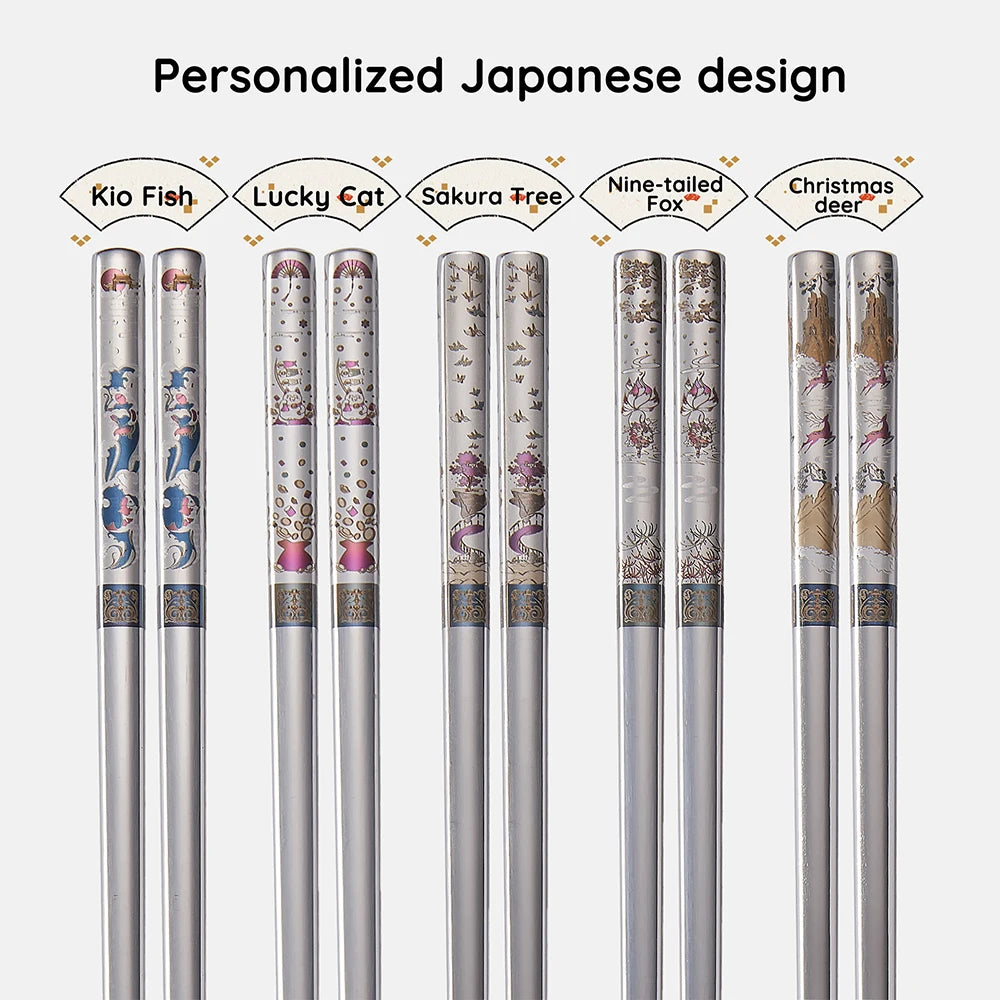 2 Pairs Reusable Premium 304 Stainless Steel Chopsticks, Japanese Elegant Lucky Titanium Plated Laser Engraved Metal Chop stick