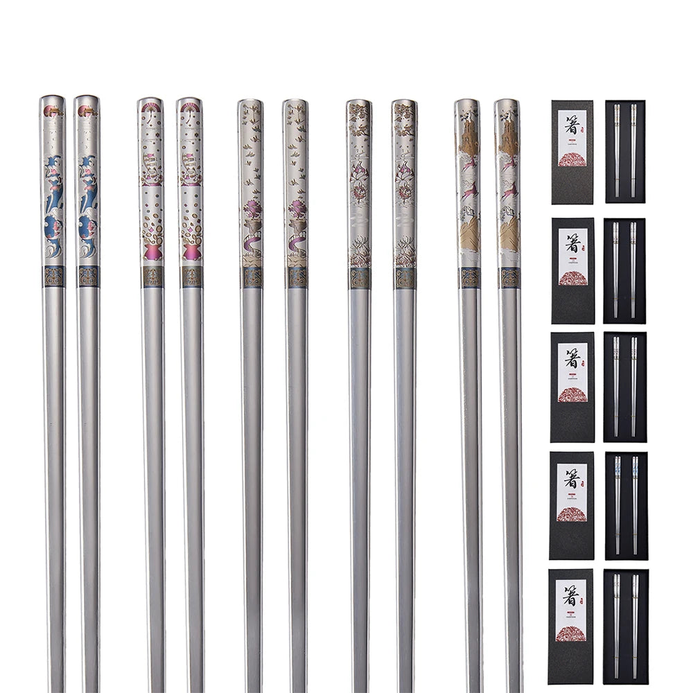 2 Pairs Reusable Premium 304 Stainless Steel Chopsticks, Japanese Elegant Lucky Titanium Plated Laser Engraved Metal Chop stick