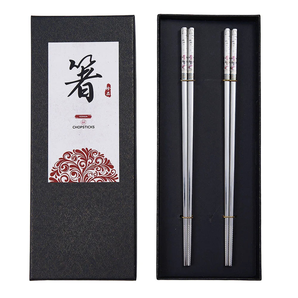 2 Pairs Reusable Premium 304 Stainless Steel Chopsticks, Japanese Elegant Lucky Titanium Plated Laser Engraved Metal Chop stick