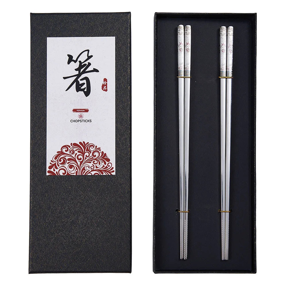 2 Pairs Reusable Premium 304 Stainless Steel Chopsticks, Japanese Elegant Lucky Titanium Plated Laser Engraved Metal Chop stick