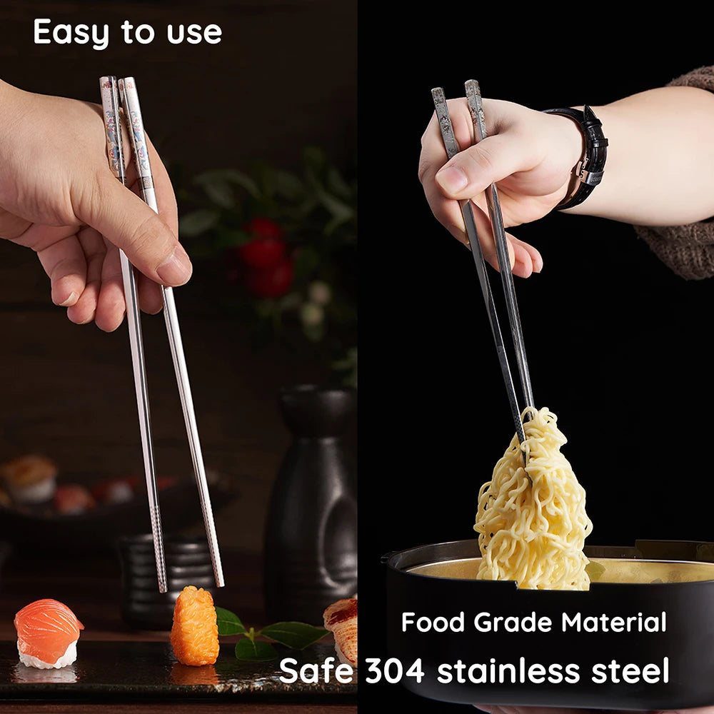 2 Pairs Reusable Premium 304 Stainless Steel Chopsticks, Japanese Elegant Lucky Titanium Plated Laser Engraved Metal Chop stick