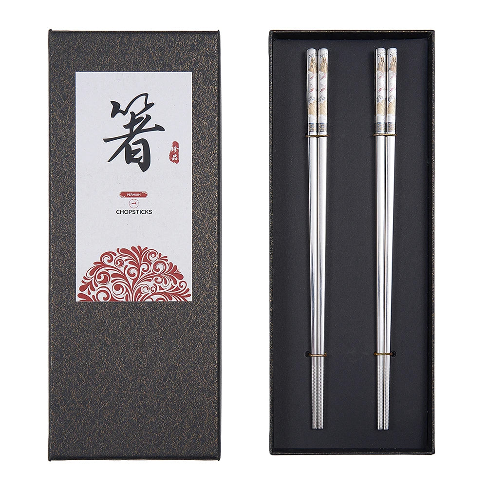 2 Pairs Reusable Premium 304 Stainless Steel Chopsticks, Japanese Elegant Lucky Titanium Plated Laser Engraved Metal Chop stick