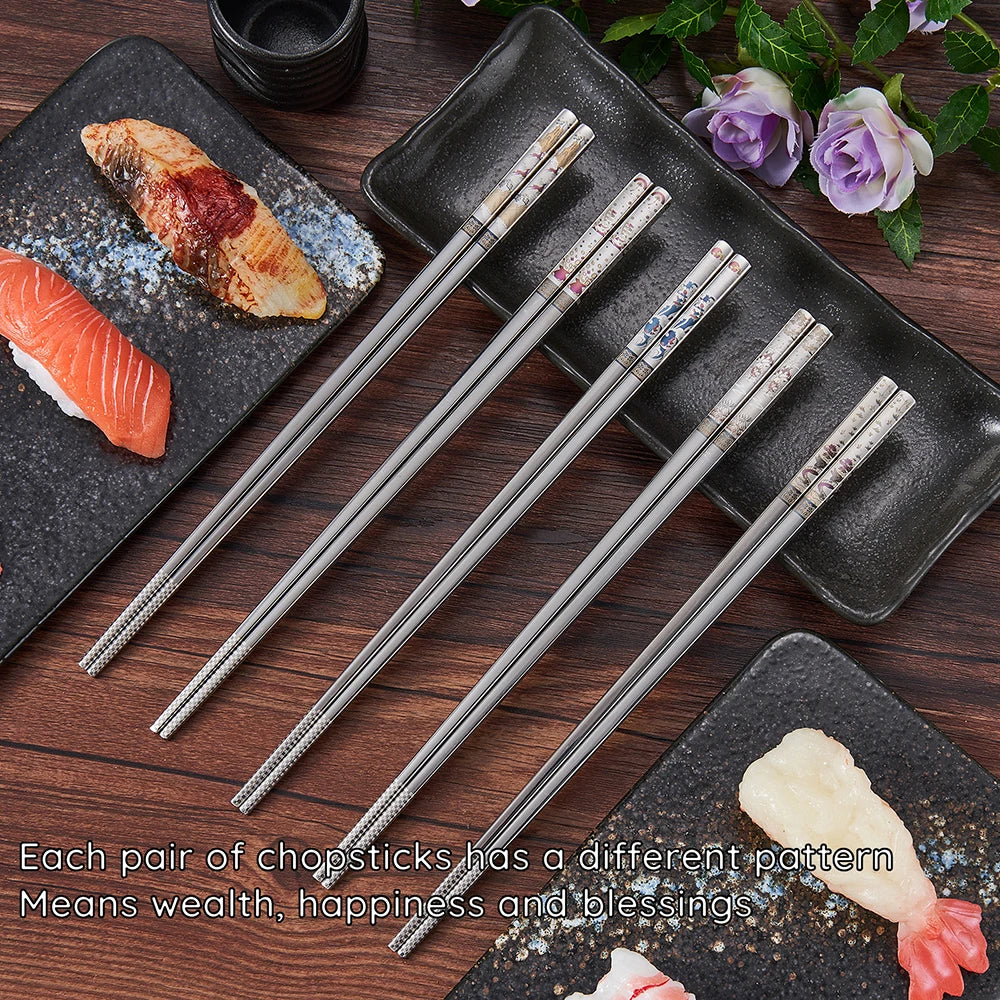 2 Pairs Reusable Premium 304 Stainless Steel Chopsticks, Japanese Elegant Lucky Titanium Plated Laser Engraved Metal Chop stick