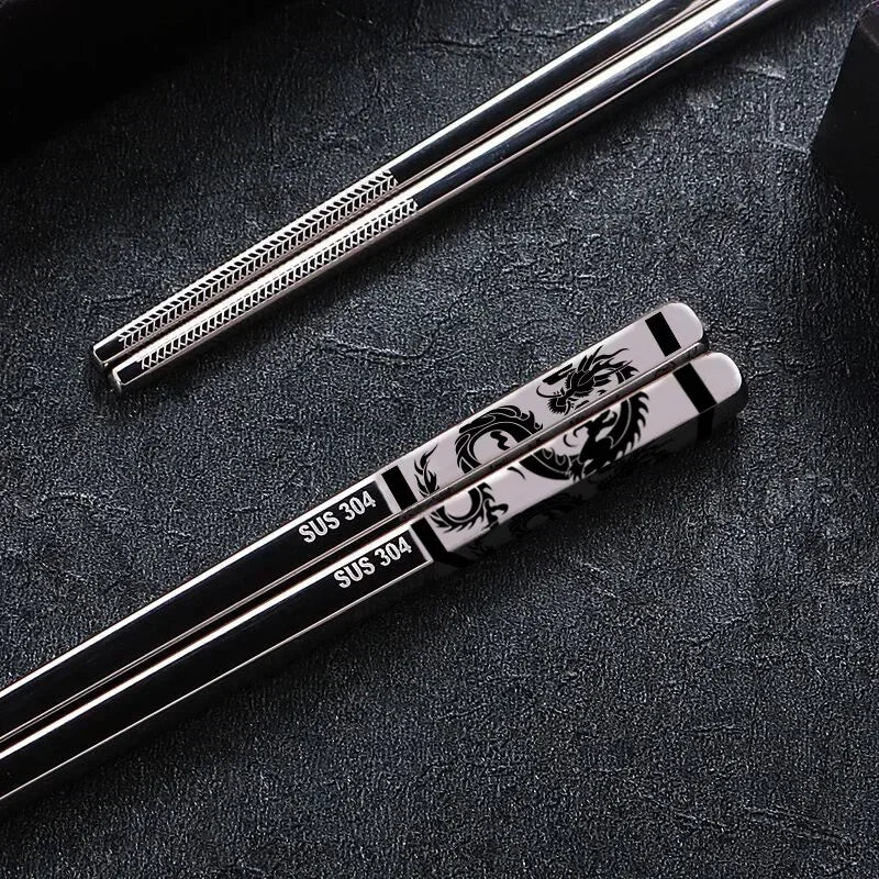 304 Stainless Steel Dragon Fish Chopsticks Long Non-Slip Alloy Sushi Chop Sticks Set Gifts Tableware