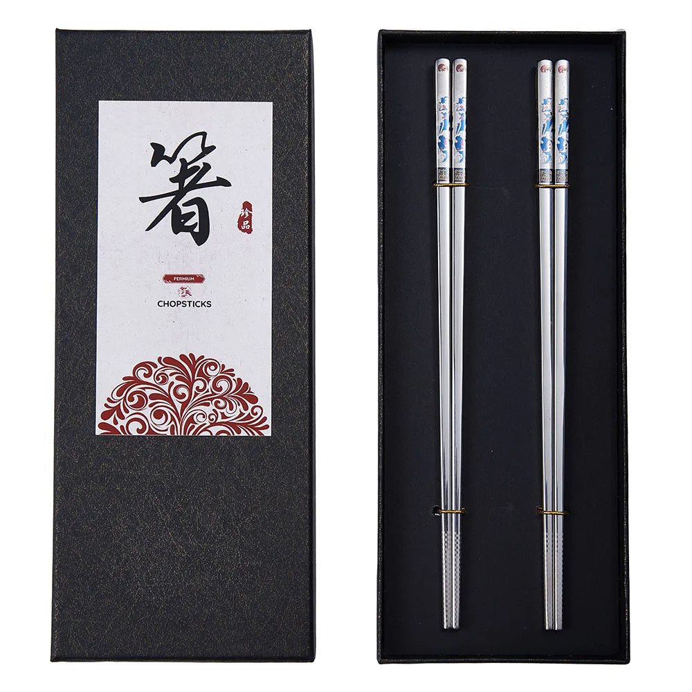 2 Pairs Reusable Premium 304 Stainless Steel Chopsticks, Japanese Elegant Lucky Titanium Plated Laser Engraved Metal Chop stick